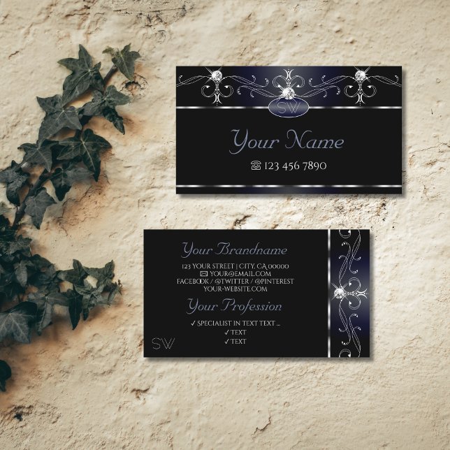 Tarjeta De Visita Black Bluish Squiggles Sparkling Diamonds Initials (Subido por el creador)