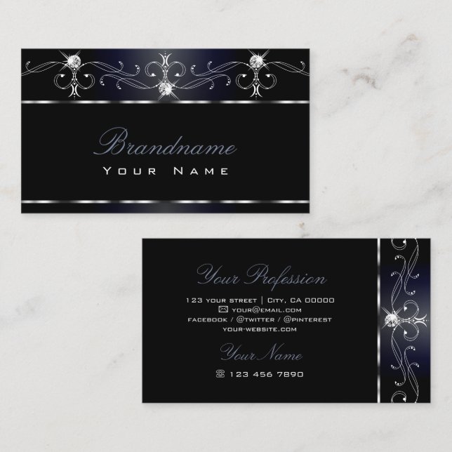 Tarjeta De Visita Black Bluish Squiggles Sparkling Diamontes Ornate (Anverso / Reverso)