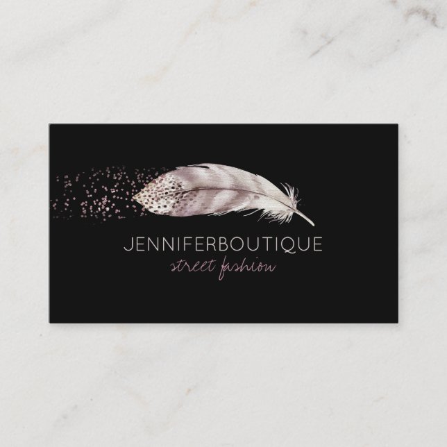 Tarjeta De Visita Black Boho Purpurina Girly Bird Feather (Anverso)