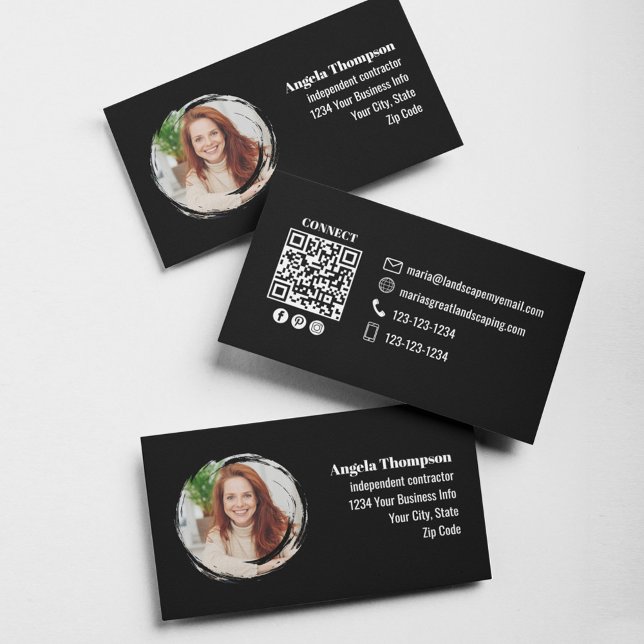 Tarjeta De Visita Black Business Photo QR Code Social Media (Black photo and QR code template business cards. )