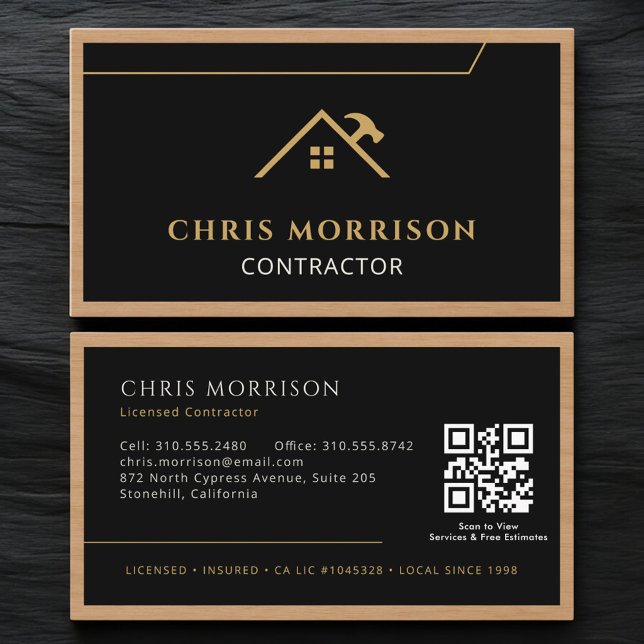 Tarjeta De Visita Black Construction Professional Wood QR Code (Subido por el creador)