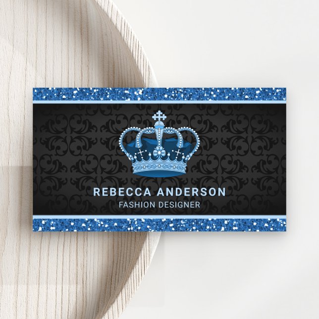 Tarjeta De Visita Black Damask Faux Blue Purpurina Royal Crown (Subido por el creador)