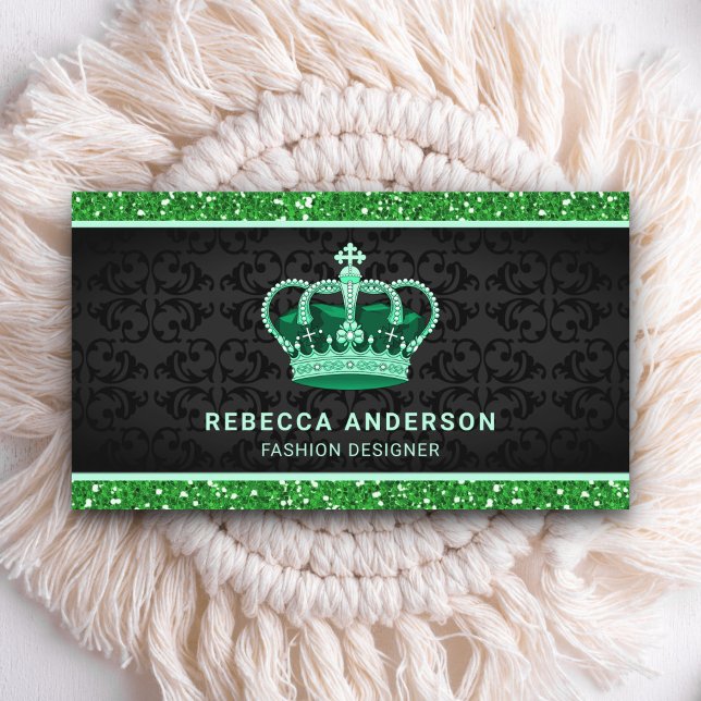 Tarjeta De Visita Black Damask Faux Green Purpurina Royal Crown (Subido por el creador)