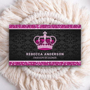 Tarjeta De Visita Black Damask Faux Hot Pink Purpurina Royal Crown