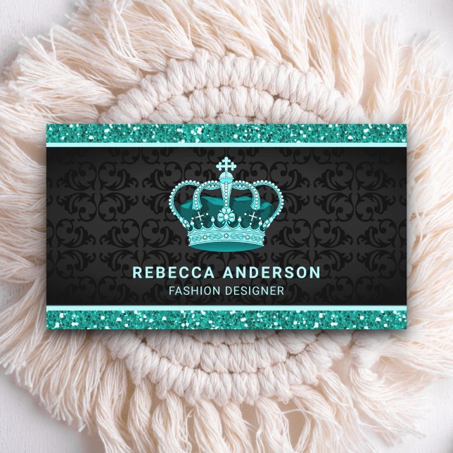 Tarjeta De Visita Black Damask Faux Mint Verde azulado Purpurina Roy (Subido por el creador)