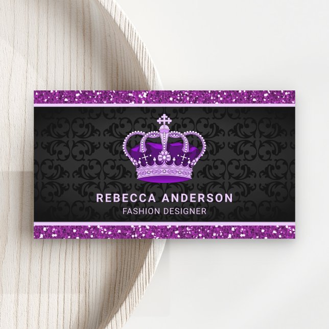 Tarjeta De Visita Black Damask Faux Purple Purpurina Royal Crown (Subido por el creador)