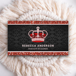 Tarjeta De Visita Black Damask Faux Red Purpurina Royal Crown