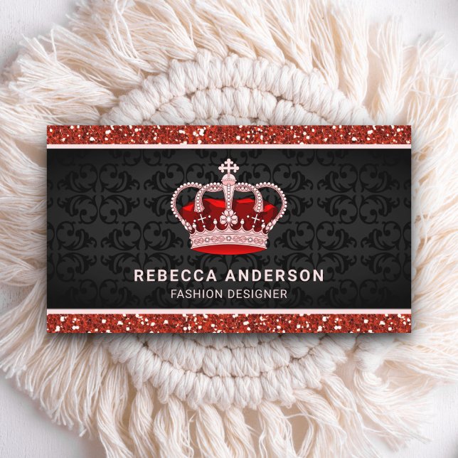 Tarjeta De Visita Black Damask Faux Red Purpurina Royal Crown (Subido por el creador)