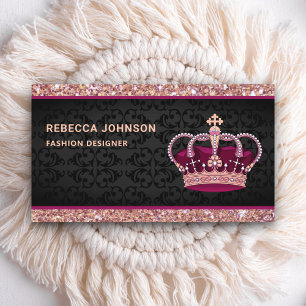 Tarjeta De Visita Black Damask Faux Rosa Purpurina de oro Crown rosa