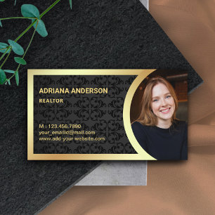 Tarjeta De Visita Black Damask Gold Foil Fotografía de bienes raíces