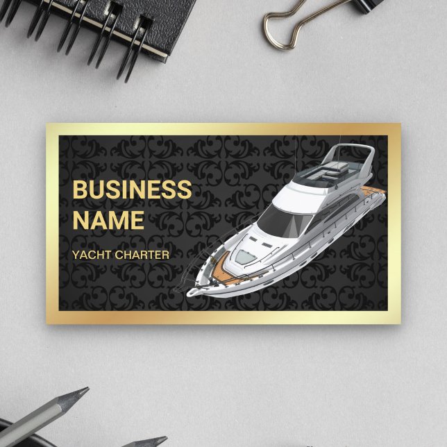 Tarjeta De Visita Black Damask Gold Luxury Yachter Charter (Subido por el creador)