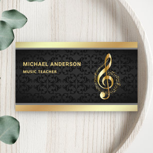 Tarjeta De Visita Black Damask Gold Nota musical Clef Music Teacher