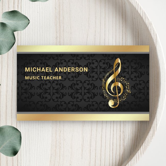 Tarjeta De Visita Black Damask Gold Nota musical Clef Music Teacher (Subido por el creador)
