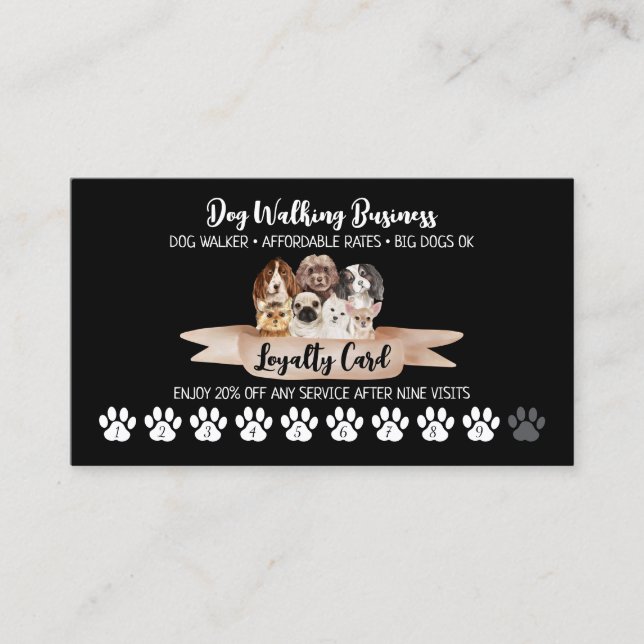 Tarjeta De Visita Black Dog Walker Loyalty Discount Paw (Anverso)