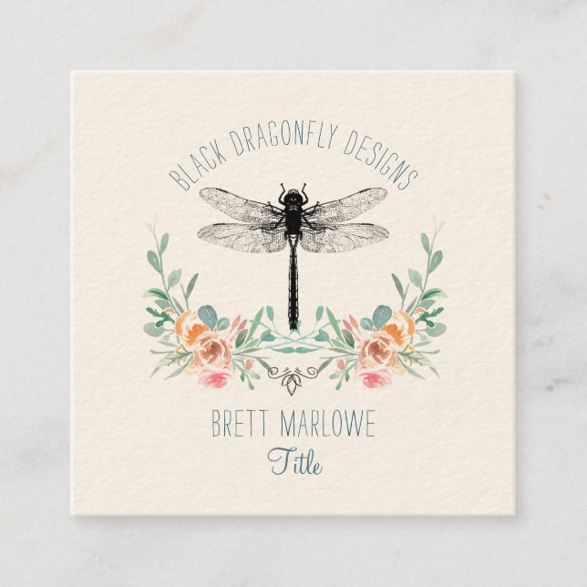 Tarjeta de visita Black Dragonfly Floral Square (Anverso)