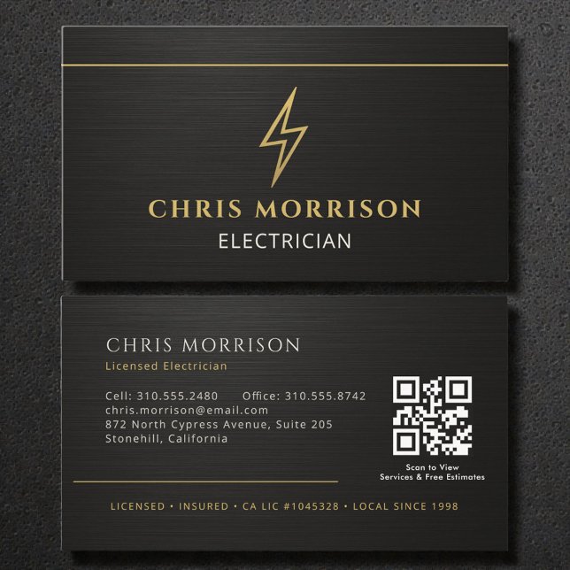Tarjeta De Visita Black Electrician Metallic QR Code (Subido por el creador)