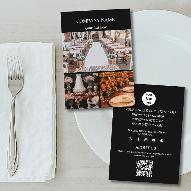 Tarjeta De Visita Black Event Planning Business 3 Fotos Código QR (Black Event Planning Business 3 Photos QR Code Business Card)