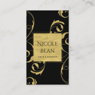 Tarjeta De Visita Black & Faux Gold Floral Swirl Elegant