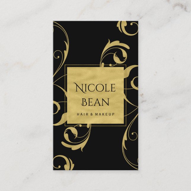 Tarjeta De Visita Black & Faux Gold Floral Swirl Elegant (Anverso)