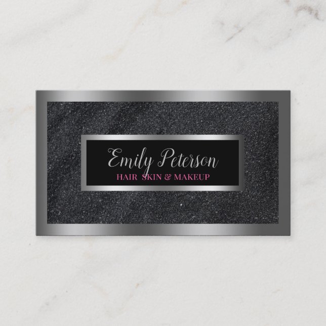 Tarjeta De Visita Black Faux Purpurina Silver Accents (Anverso)