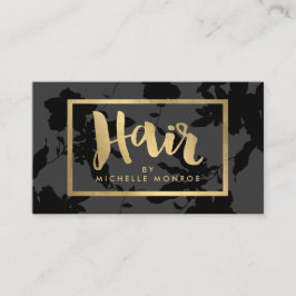 Tarjeta De Visita Black Floral Gold Text Hair Stylist