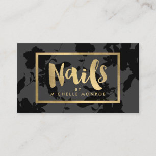 Tarjeta De Visita Black Floral Gold Text Nail Salon