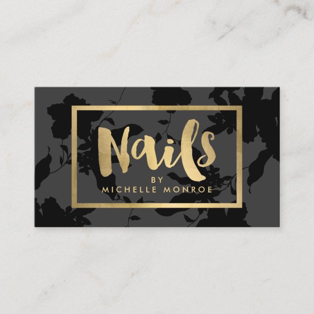 Tarjeta De Visita Black Floral Gold Text Nail Salon (Anverso)
