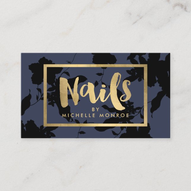 Tarjeta De Visita Black Floral Gold Text Nail Salon Blue (Anverso)