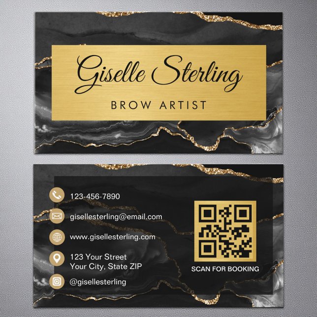 Tarjeta De Visita Black Gold Agate Brow Artist Glitter QR Code (Subido por el creador)