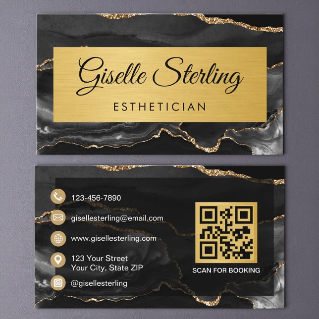Tarjeta De Visita Black Gold Agate Esthetician Glitter QR Code (Subido por el creador)