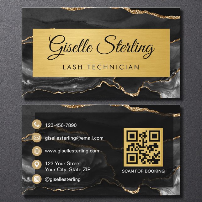 Tarjeta De Visita Black Gold Agate Lash Technician Glitter QR Code (Subido por el creador)