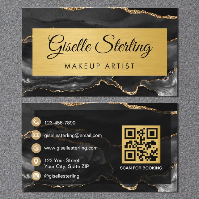 Tarjeta De Visita Black Gold Agate Makeup Artist Glitter QR Code (Subido por el creador)