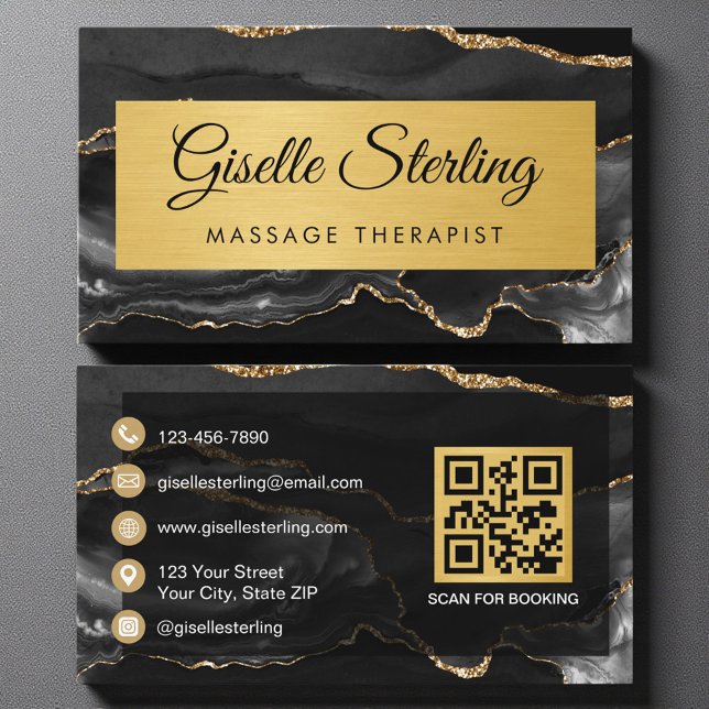 Tarjeta De Visita Black Gold Agate Massage Therapist Glitter QR Code (Subido por el creador)