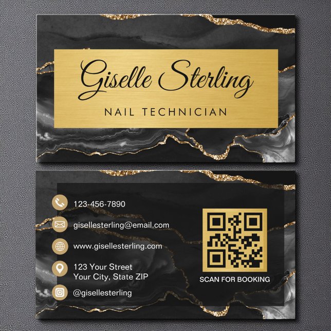 Tarjeta De Visita Black Gold Agate Nail Technician Glitter QR Code (Subido por el creador)