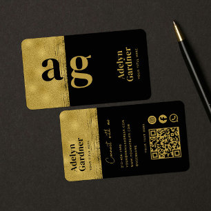Tarjeta De Visita Black Gold Connect Monograma QR Código Medios soci
