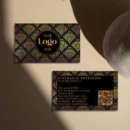 Tarjeta De Visita Black & Gold Damask Striped Custom Logo QR Code