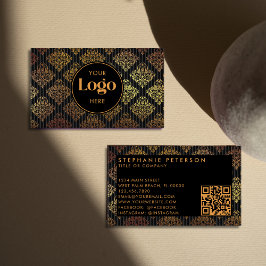Tarjeta De Visita Black & Gold Damask Striped Custom Logo QR Code