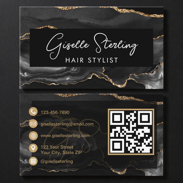 Tarjeta De Visita Black Gold Hair Stylist QR Code  (Subido por el creador)