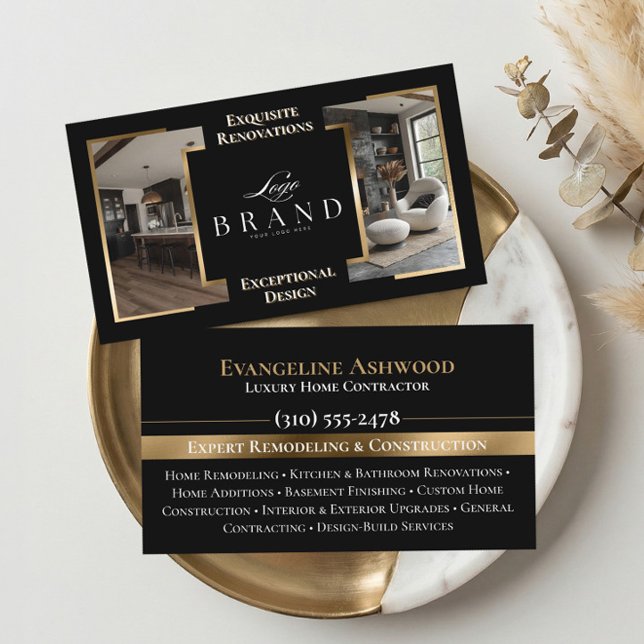 Tarjeta De Visita Black Gold Home Remodeling Contractor Custom Logo (Black Gold Home Remodeling Contractor Custom Logo Business Card)