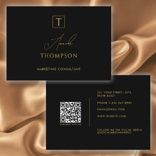 Tarjeta De Visita Black Gold Luxury Monograma Social Media QR Code