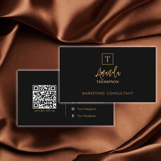 Tarjeta De Visita Black Gold Luxury Monograma Social Media QR Code (Subido por el creador)