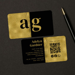 Tarjeta De Visita Black Gold Luxury QR Code Monograma Social Media