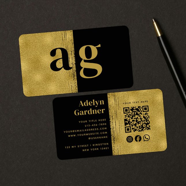 Tarjeta De Visita Black Gold Luxury QR Code Monograma Social Media (Subido por el creador)