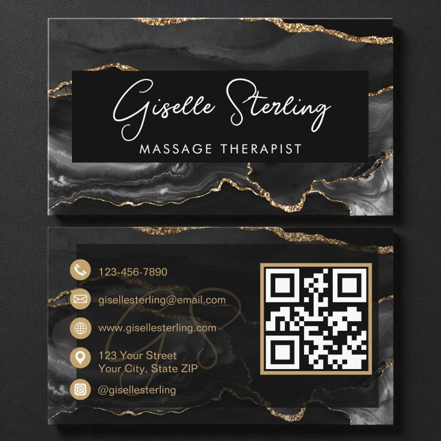 Tarjeta De Visita Black Gold Massage Therapist QR Code  (Subido por el creador)