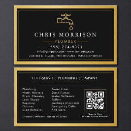 Tarjeta De Visita Black Gold Metallic Plumber Contractor QR Code 