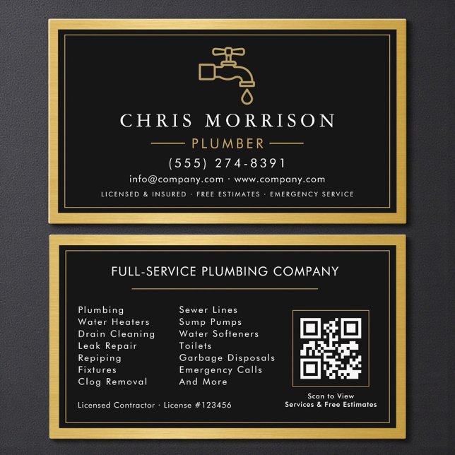 Tarjeta De Visita Black Gold Metallic Plumber Contractor QR Code  (Subido por el creador)