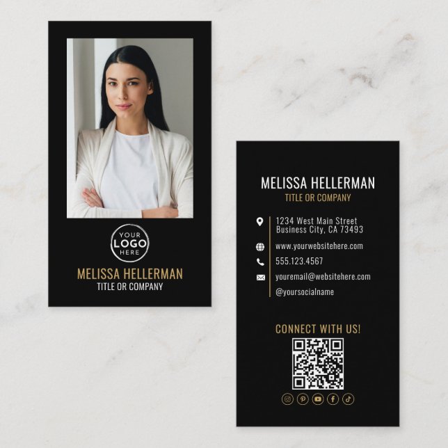 Tarjeta De Visita Black Gold Minimalist Photo QR Code Logo (Anverso / Reverso)