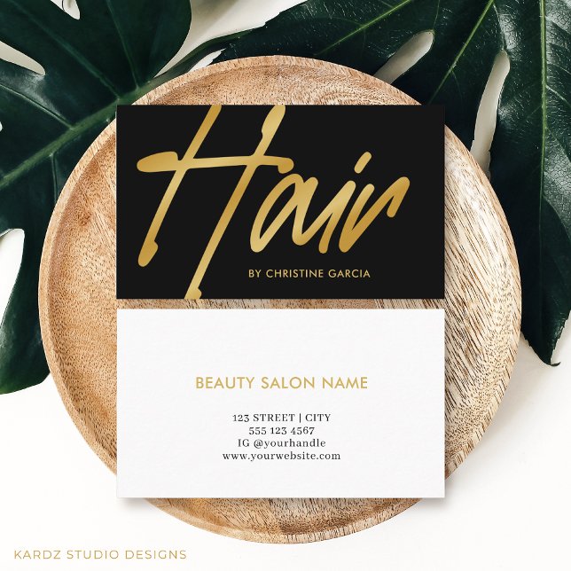 Tarjeta De Visita Black Gold Modern Hair Stylist (Image shows the front and back of this Gold and Black Hair business card size 3.5 x 2 inches.)