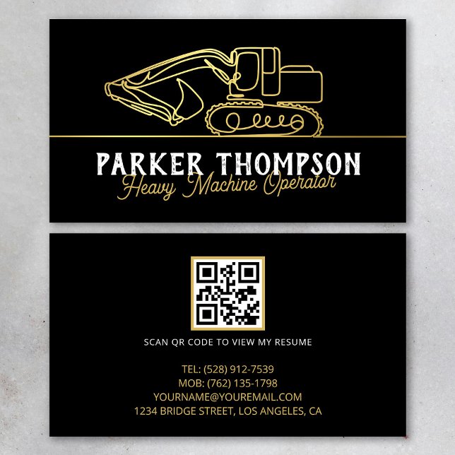 Tarjeta De Visita Black Gold Modern Heavy Machine Operator QR Code (Subido por el creador)