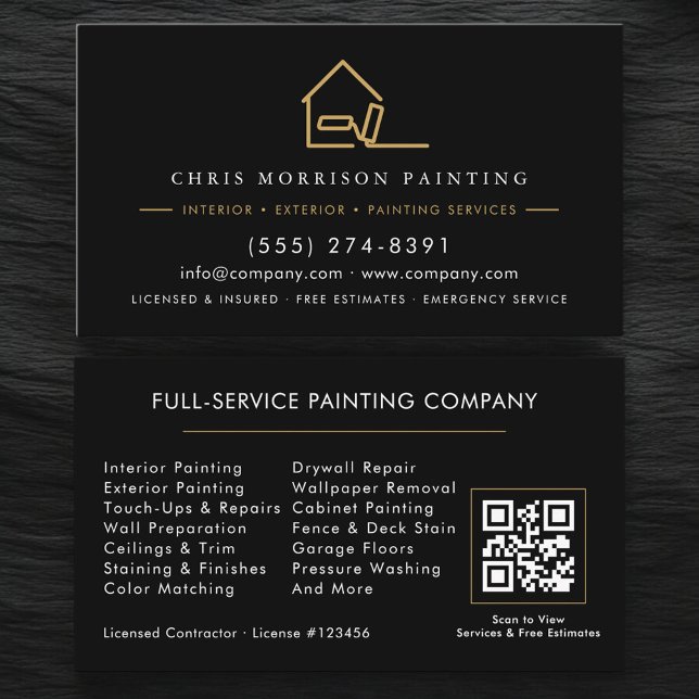 Tarjeta De Visita Black Gold Professional Painter Painting QR Code (Subido por el creador)